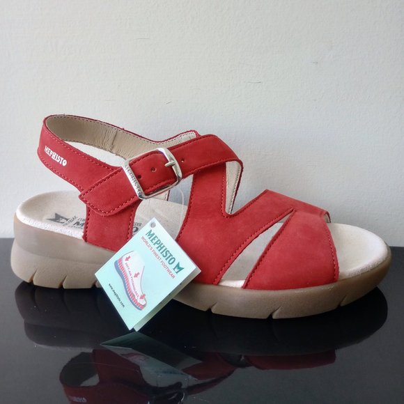 Mephisto Women's EVA Leather Nubuck Buckle Strap Sandal in Beautiful Scarlet